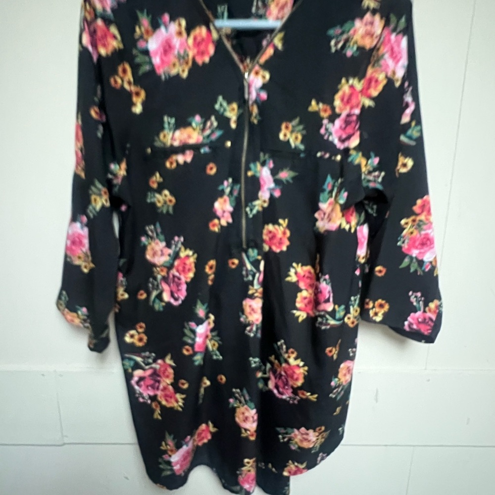 MPH Collection Black Floral Button-Front Tunic Top with Pink Accents Size 1X